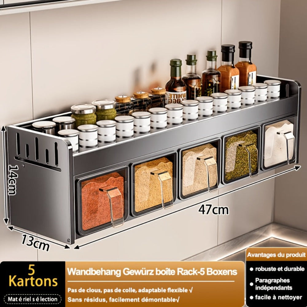 Organizador de especias de acero inoxidable para pared de 5 rejillas con 5 frascos de especias, organizador de almacenamiento de cocina multifuncional, organizador de especias de acero al carbono, instalación sin taladro, almacenamiento de cocina multi-co