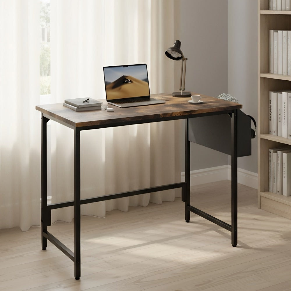 Escritorio Pequeño para Computadora con Bolsa de Almacenamiento, Compatible para Oficina en Casa - Escritorio Compacto Ahorrador de Espacio, Estación de Trabajo Independiente con Altura Ajustable, Montaje, /Blanco/Gris/Marrón - Estructura de Metal y Tapa