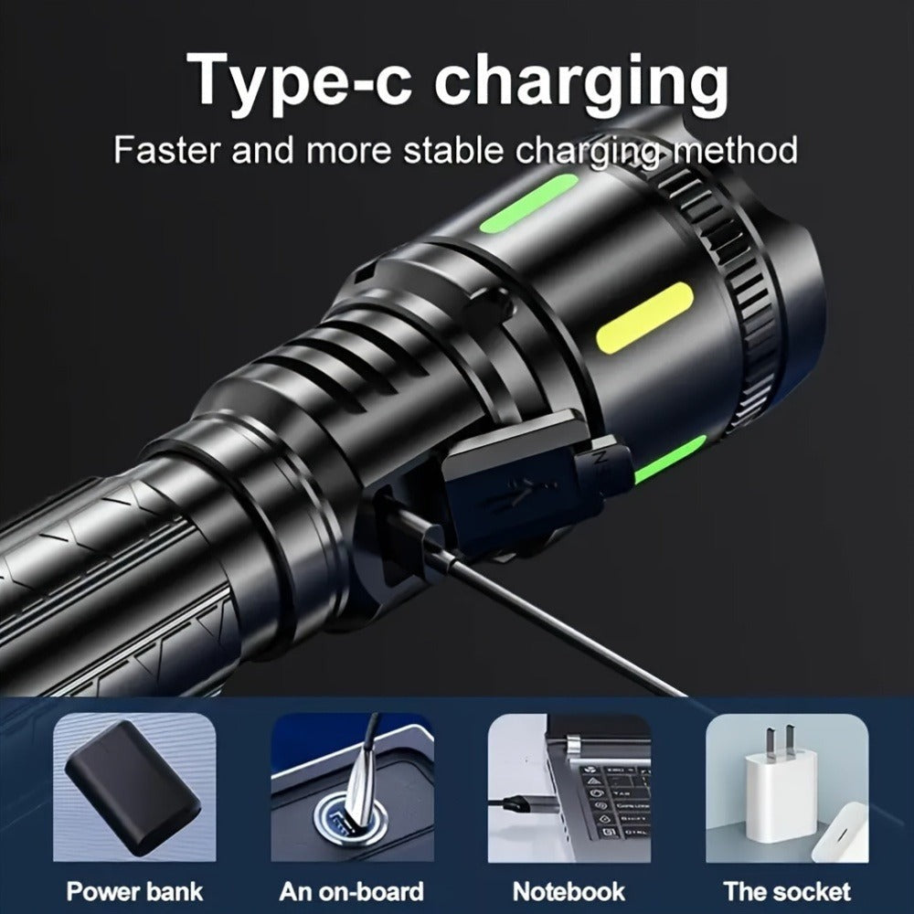 Una potente linterna recargable de alto brillo, con un diseño LED portátil zoomable, cuatro modos de iluminación y un display electrónico inteligente. Ideal para camping, emergencias en el hogar, caza, senderismo y pesca.