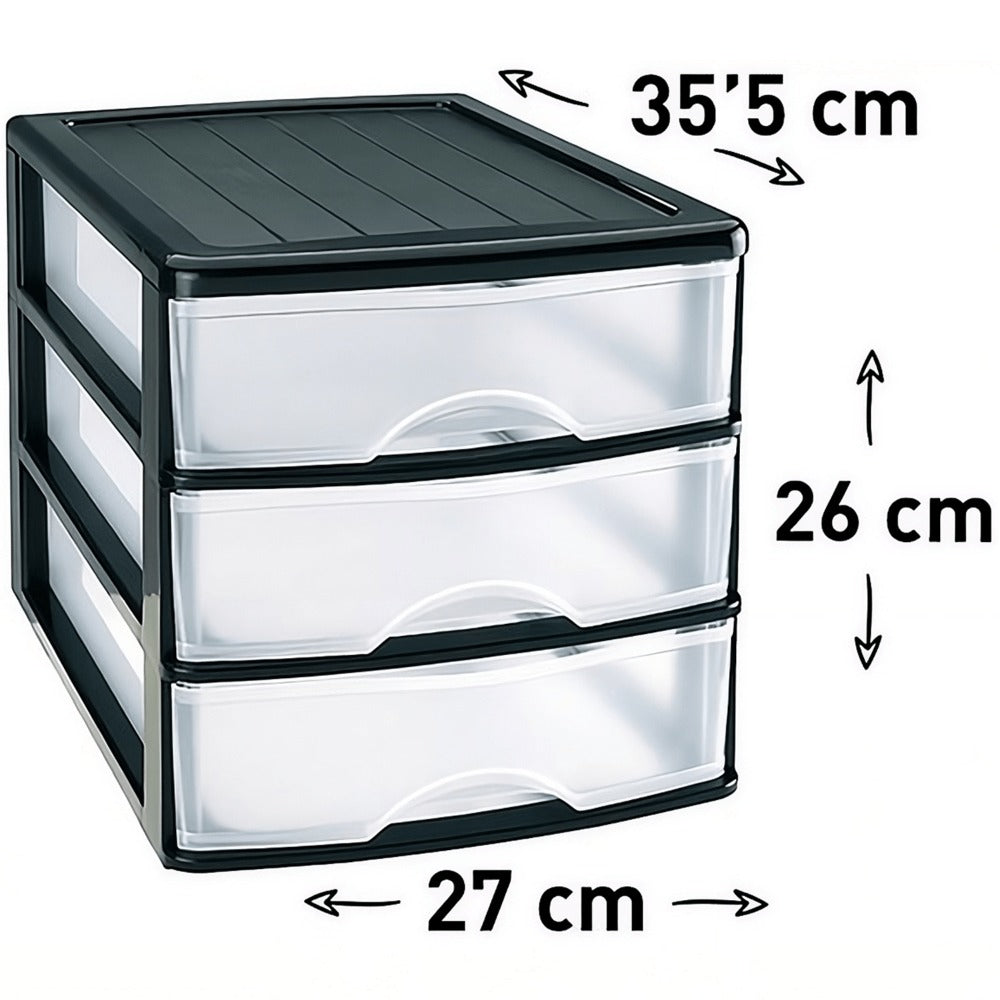 Cajonera Almacenamiento Plástico de Sobremesa, 3 Cajones, Ideal para Ordenar y Organizar el Hogar, Negro