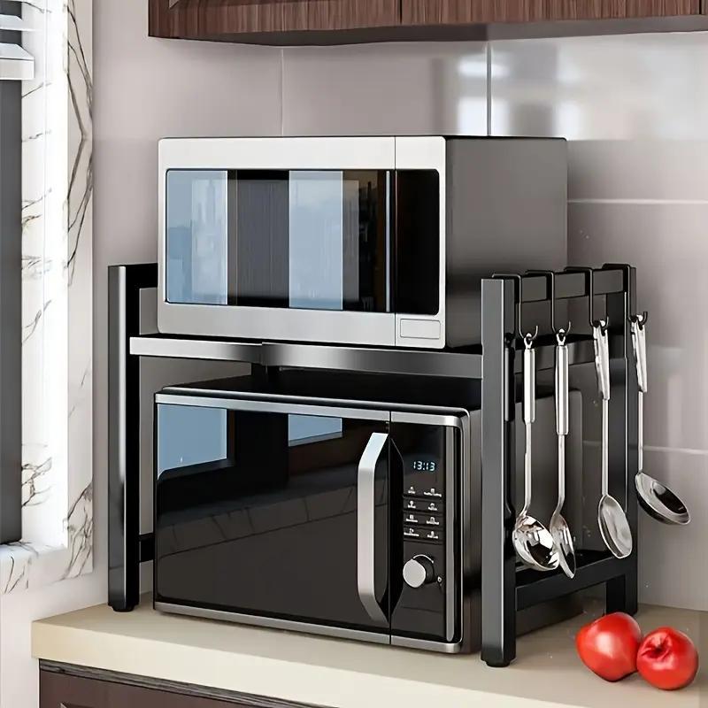 Estante de almacenamiento para microondas, estante de encimera expandible para microondas para guardar utensilios de cocina y vajilla, estante ajustable de 2 niveles que ahorra espacio con 6 ganchos, estante de encimera de acero al carbono para microondas