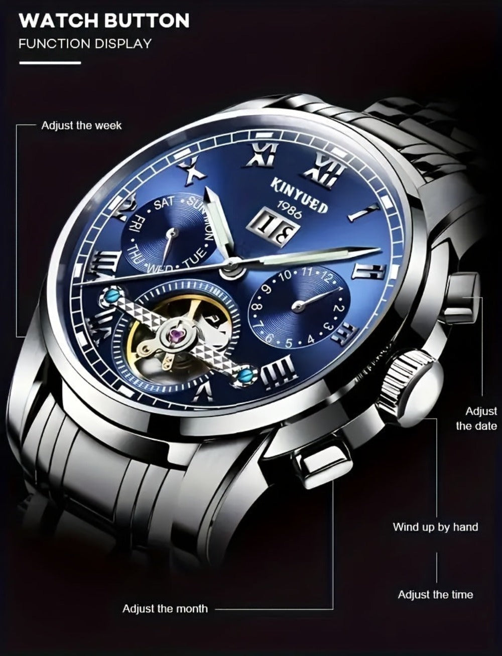 Reloj Mecánico Multifuncional para Hombres, Reloj Deportivo de Moda para Hombres con Carga Automática, Reloj con Parte Posterior Abierta, Regalos de Vacaciones, Sin Batería