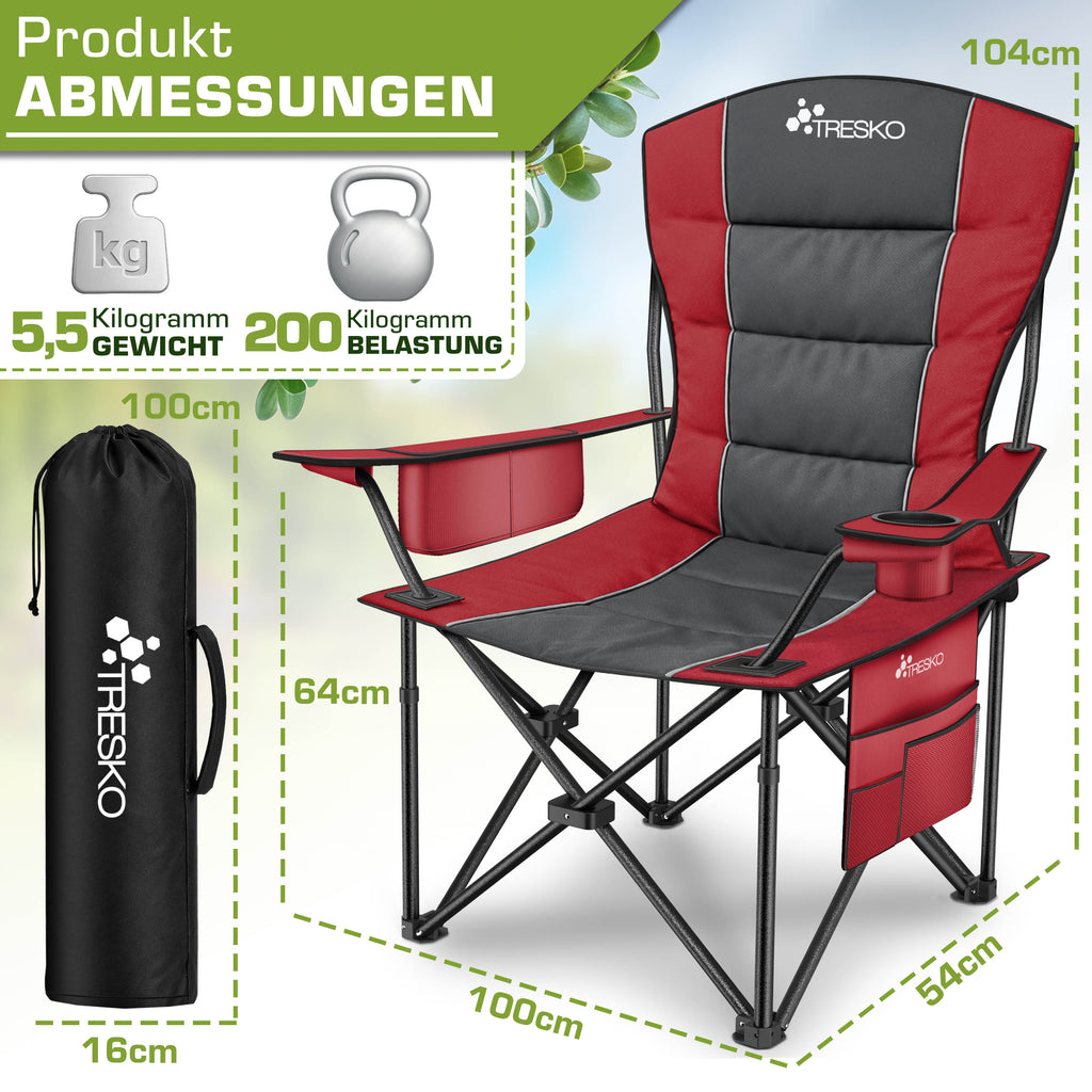 TRESKO® Silla de Camping Plegable hasta 200Kg | Silla Plegable con Bolsa Nevera, Portavasos y Bolsillo Lateral | Silla XXL Plegable Incluye Bolsa de Transporte | Silla de Pesca Acolchada para Exterior, Pesca, Festival y Jardín