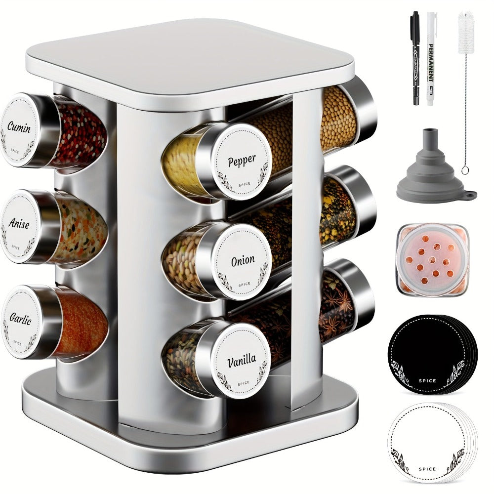 Miorkly Estante de Especias Cuadrado con 12/20 Tarros, Carrusel Giratorio 360° en Acero Inoxidable para Organizar Condimentos, Soporte Vertical y Dispensadores Incluidos