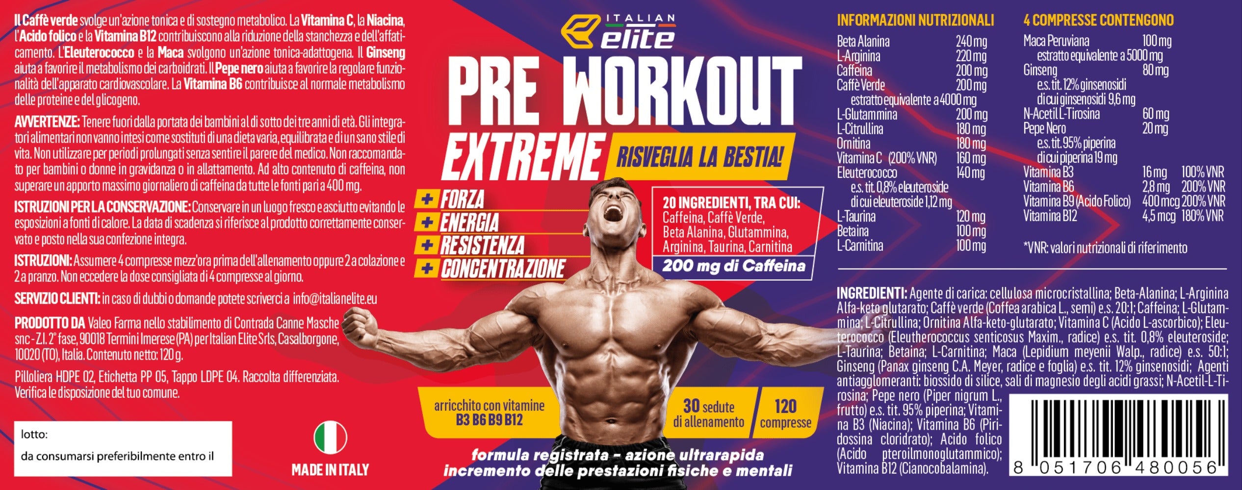 Italian Elite® Suplemento de Energía, Fuerza y Concentración para Entrenamiento – 120 Tabletas con Beta Alanina, Argina, Cafeína, Glutamina, Carnitina y Vitaminas