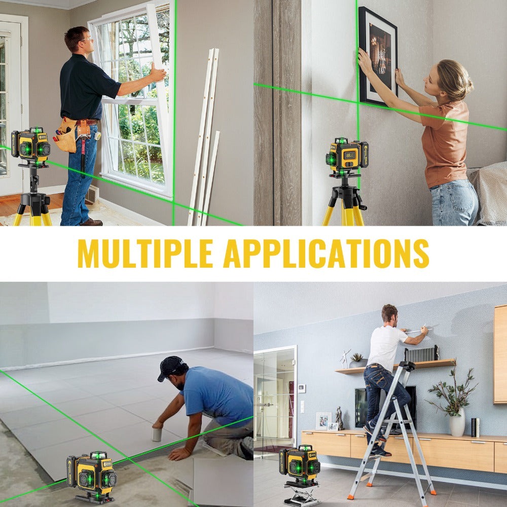 Nivel Láser Verde 4D de 16 líneas con retícula horizontal y vertical de alta precisión, rotación de 360°, nivelación automática y es un nivel láser multifuncional para medición precisa. Equipado con dos baterías de litio de 2400mAh/3600mAh