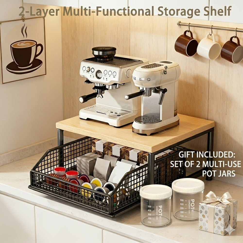 1 Estante de Almacenamiento Multifuncional de 2 Niveles con Diseño Extraíble, Gran Capacidad, Fácil Acceso, Alta Capacidad de Carga, Ideal para Colocar Cafeteras, Almacenar Granos de Café, Cápsulas de Café, etc
