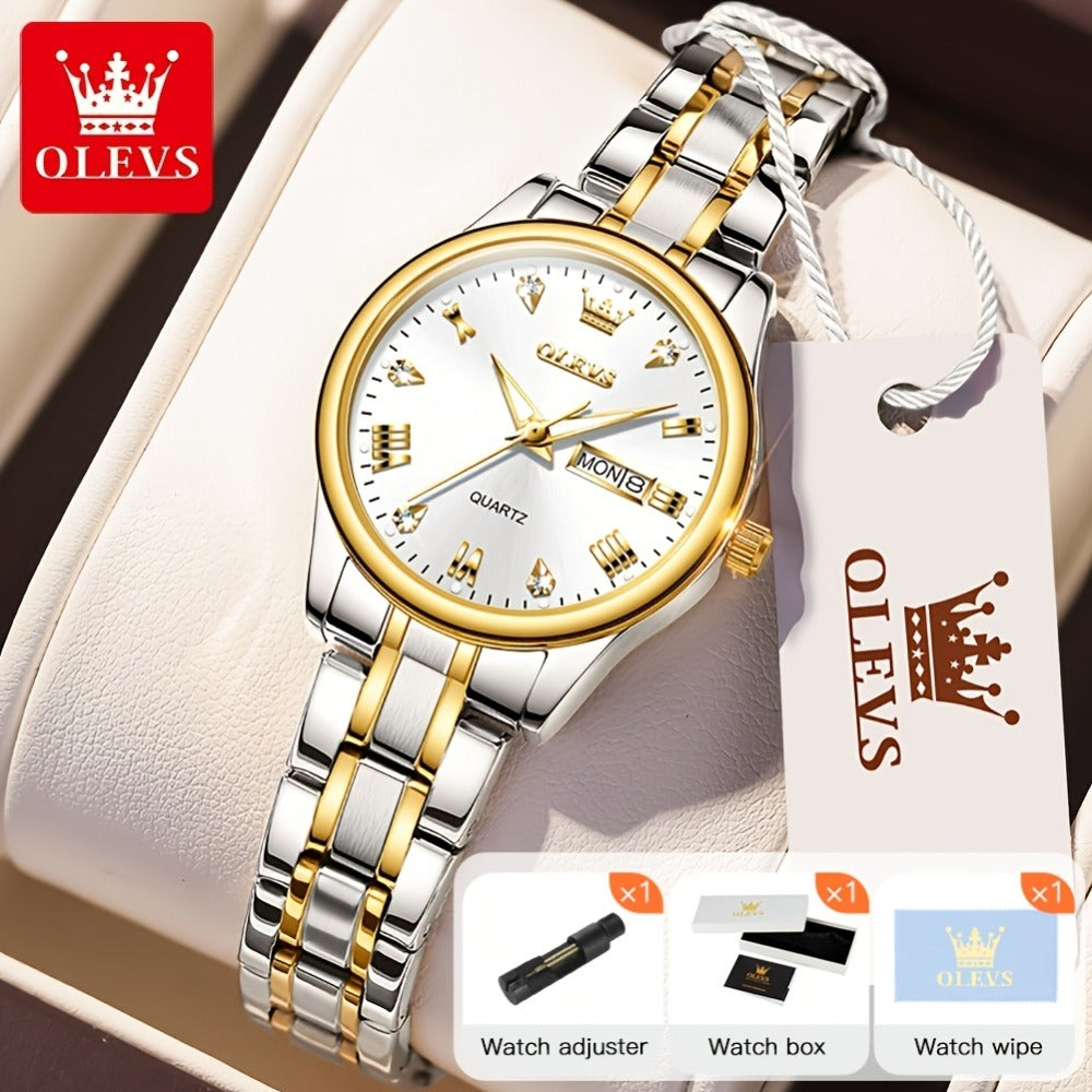 Relojes de Mujer OLEVS: Elegantes y de Moda para Negocios, Diseño Femenino para Muñecas Pequeñas, Cara Pequeña, Tono Dorado y Plateado, Correa de Acero Inoxidable, Cuarzo Analógico, Fecha y Día, Luminiscente, Esferas en /Blanco/Dorado/Azul