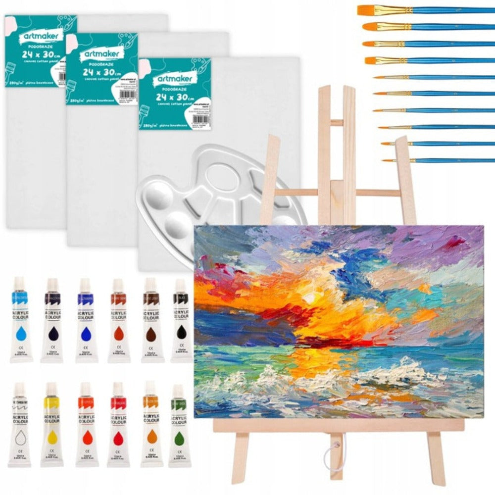 Set de Pintura Artmaker para Niños y Adultos - Kit Artístico Completo con Caballete de Madera de 50 cm, 3 Lienzos de Panel de 24x30 cm, Pinturas Acrílicas de Algodón en Tubos (12 Colores x 12 ml), 10 Pinceles Sintéticos Profesionales y Paleta para Mezclar