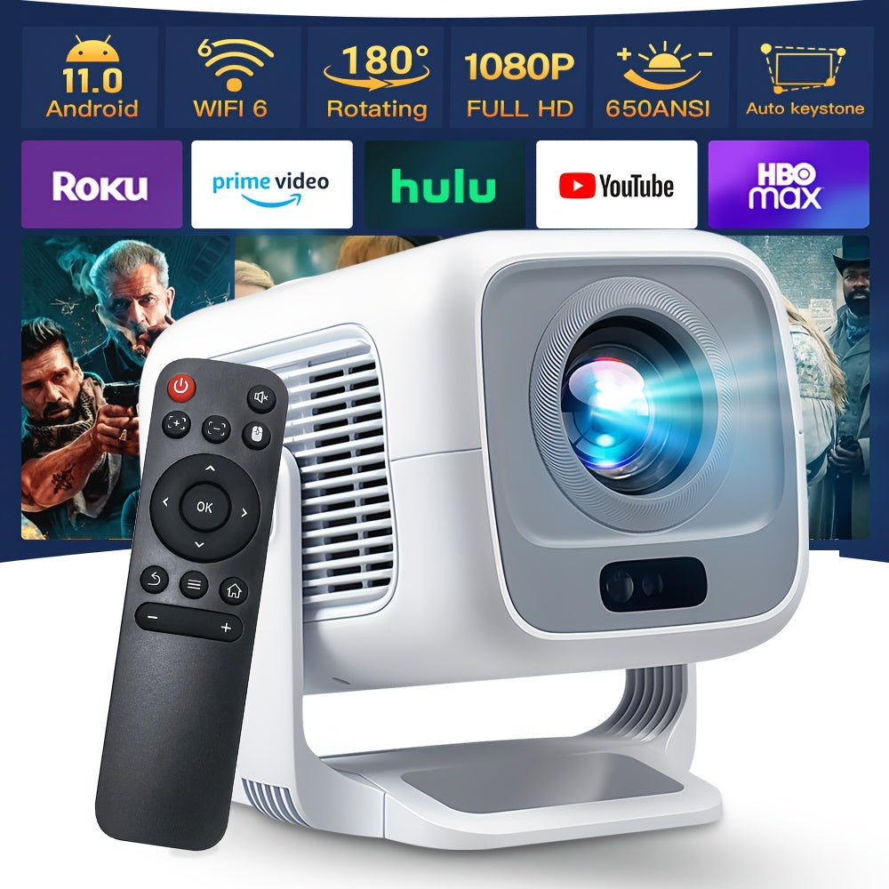 Proyector 4K con Soporte 1080P HD Local con Wifi6 y BT5.4, 650ANSI, Cine en Casa con Enfoque Automático y Keystone, para Uso en Interiores, Proyector Inteligente Compatible con Teléfono/Dispositivo TV/PC/PS5