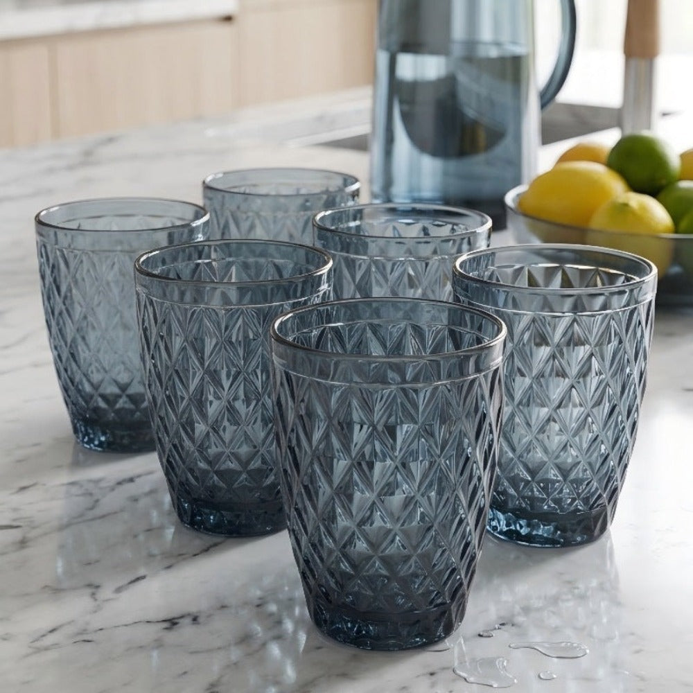 TRESV Set de 6 Vasos de Cristal 250ml | Diseño de Diamante Elegante | Aptos para Lavavajillas | Vidrio Sin Plomo para Agua y Refrescos