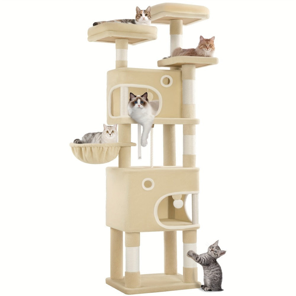 Árbol para Gatos, 180 cm con 8 Postes para Rascar, 3 Plataformas, 2 Cuevas, Cesta, Pelotas de Peluche, Cuerda de Sisal, Adecuado para Gatos de Varios Tamaños, Beige/Gris Claro/Gris Oscuro