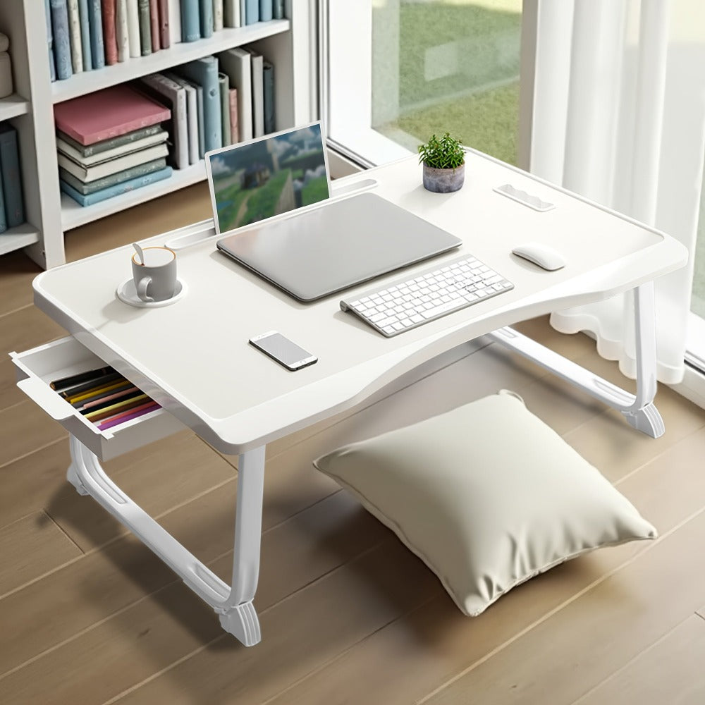 Mesa de escritorio para laptop, mesa portátil para laptop con asa, ranura para tarjetas/tazas, cajón lateral, soporte portátil para notebook para comer, leer, trabajar, acampar, cajón lateral para sofá (Negro, Rojo, Blanco, Azul)