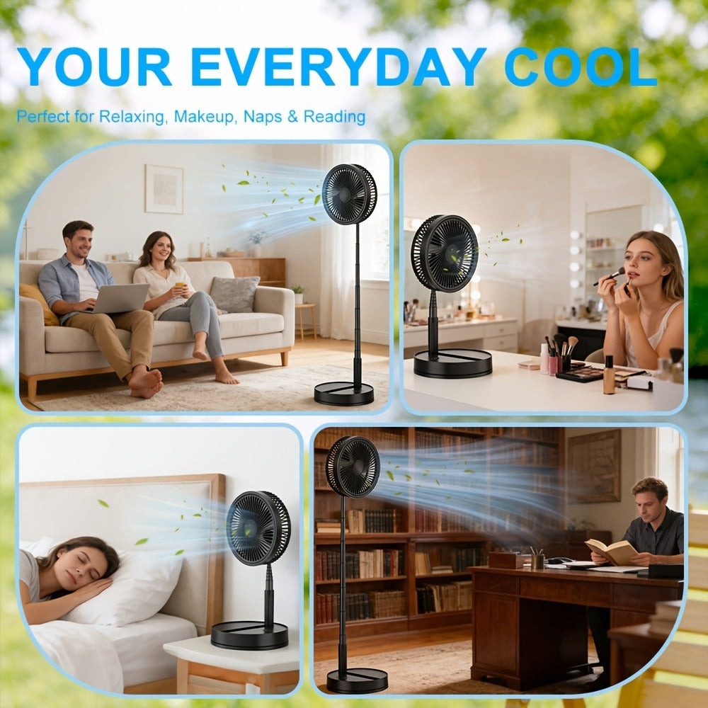 Ventilador de pedestal portátil plegable 2 en 1, recargable por USB-C con control remoto, 4 velocidades, oscilación de 70°, temporizador, inclinación ajustable, para hogar, dormitorio, oficina, viajes