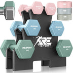 RE:SPORT® Juego de Mancuernas 3 Pares, 1Kg - 5Kg, 12Kg o 18Kg con Soporte y 3 Bandas Elásticas Fitness | Mancuernas Cortas Antideslizantes de Neopreno para Mujeres y Hombres | Juego de Mancuernas