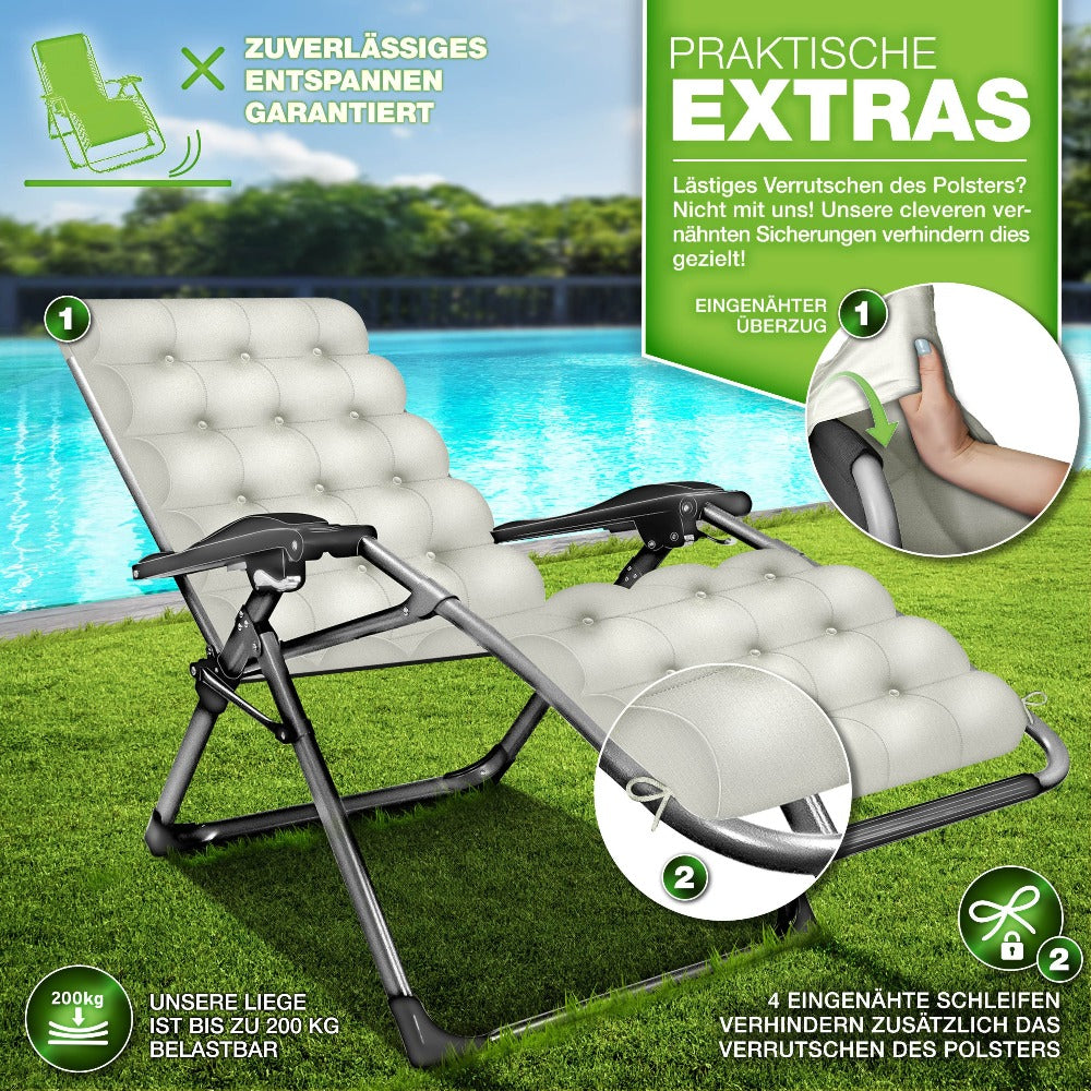 Tillvex® Tumbona Reclinable Plegable hasta 200Kg, Sillón de Sol para Jardín Exterior, Resistente a la Intemperie para Balcón, Jardín y Terraza, Ajustable con Acolchado Grueso, Reclinable, Extra Ancha, con Soporte para Bebidas