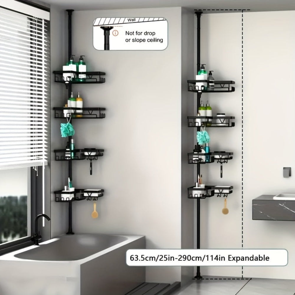 Un estante de esquina robusto y alto para el baño, un estante de esquina ajustable para la ducha que no requiere perforaciones, con un estante de almacenamiento negro de 4 niveles resistente al óxido, ideal para organizar áreas de ducha de esquina - Perfe