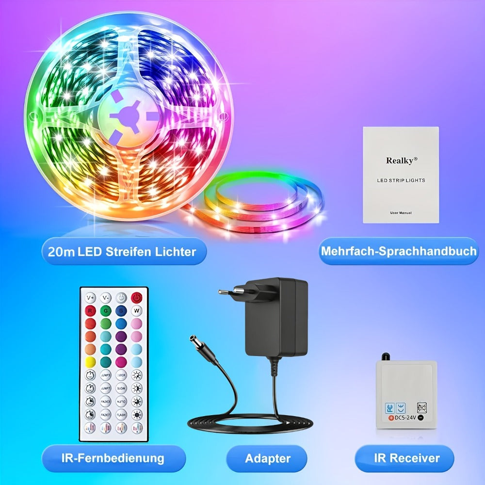 Tira LED | Tiras de luces LED inteligentes de 10M/15M/20M/30M con control remoto de 44 teclas, sincronización de música RGB y cambio de color, 20