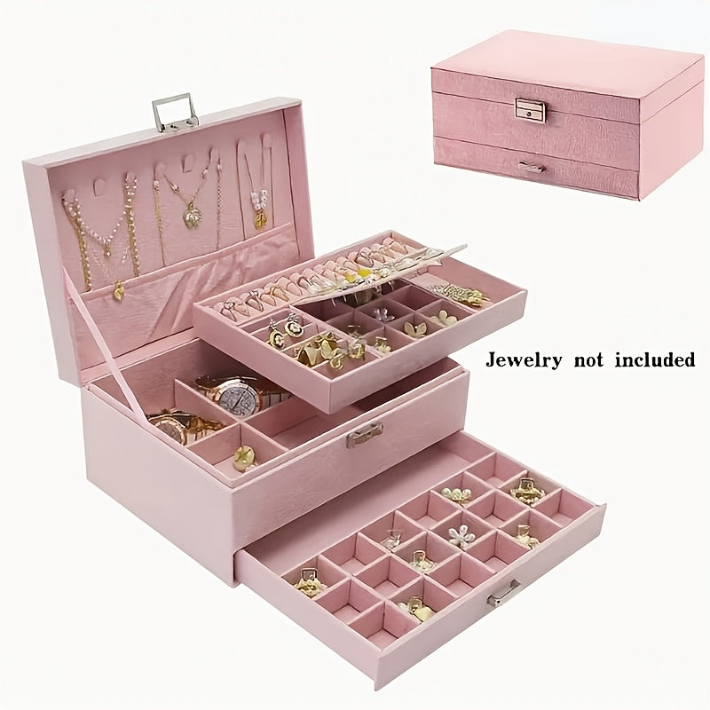 Caja Organizadora de Joyas de 3 Niveles con Cerradura de Llave - Compartimentos Forrados en Terciopelo Suave, Ideal para Aretes, Collares, Pulseras, Anillos - Caja de PU en Tono Pastel, Diseño Retro, Regalo Perfecto para (Navidad, Bodas), Cajas de Joyería