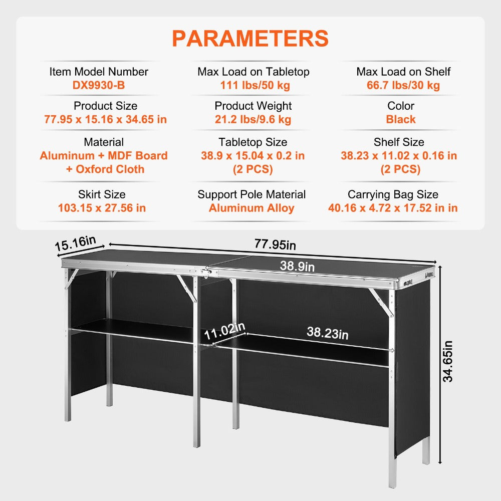 VEVOR Mesa Podio Portátil para Ferias, 77.95" x 15.16" x 34.65", Soporte de Exhibición para Mostrador de Ferias con Pared, Mesa Podio Plegable para Promociones y Ventas Minoristas con Estante de Almacenamiento y Bolsa de Transporte