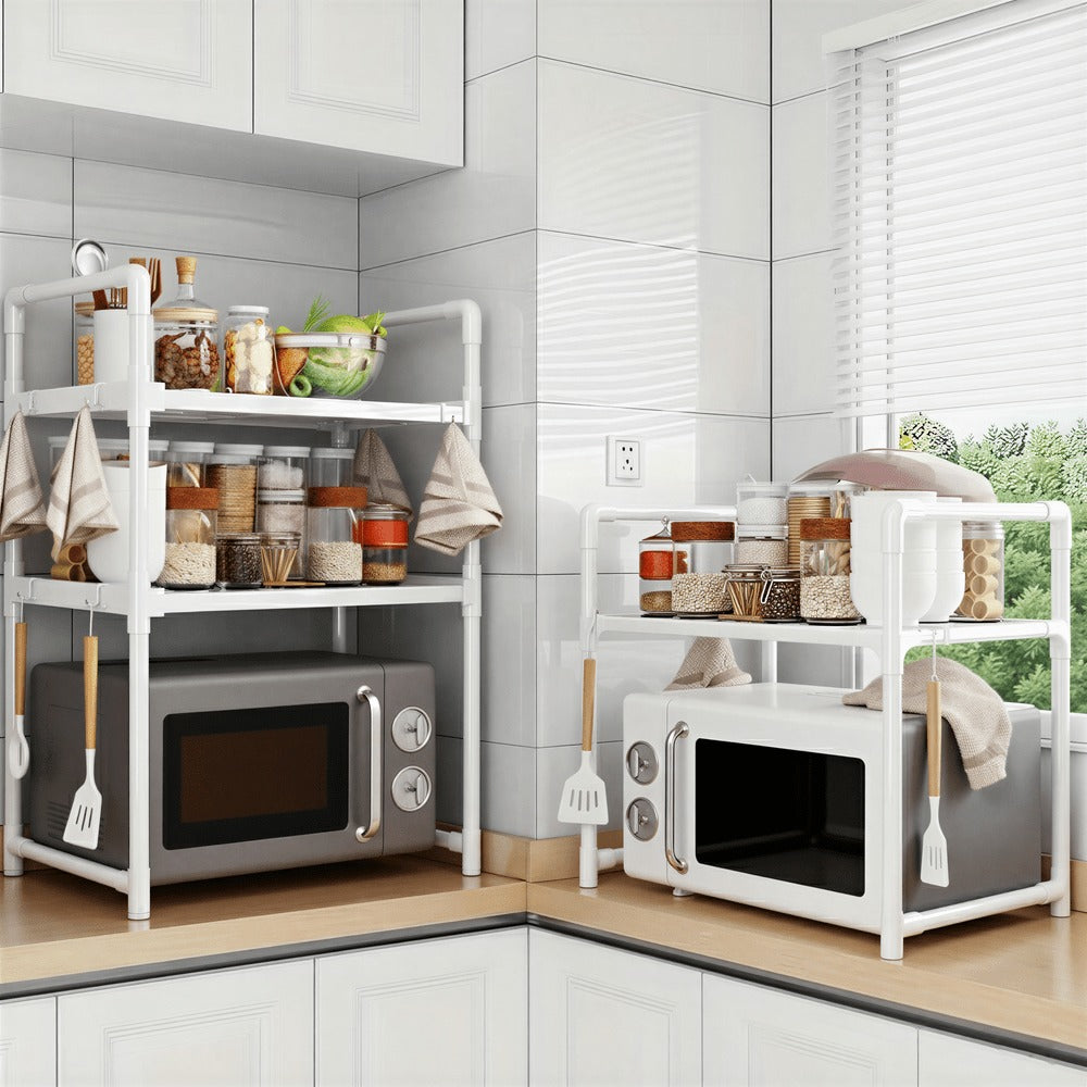 2/3 Niveles Soporte para microondas para encimera, Rejilla Para Horno Microondas Metal, Soporte Para Microondas Y Horno Cocina Con 4/8 Ganchos, Tiendas de condimentos, Adecuado para cocinas (Blanco / Negro)