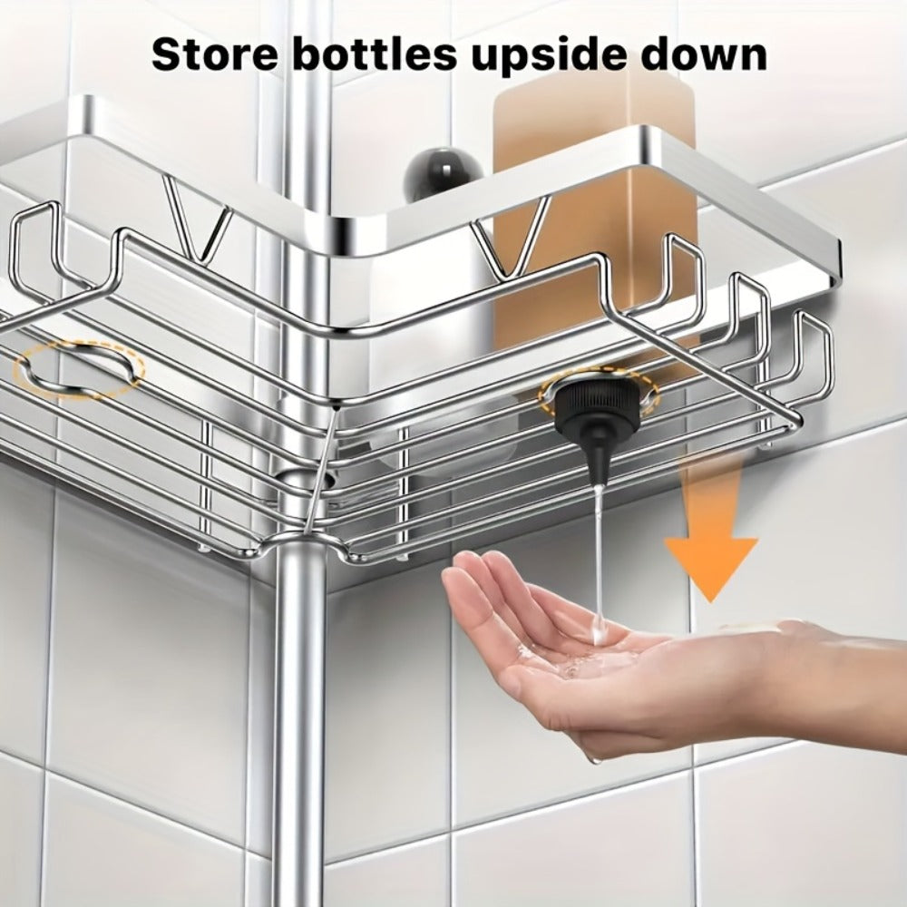 Estante de esquina ajustable de acero inoxidable para baño, 4 niveles, resistente al óxido, con soporte de tensión para ducha, con ganchos y jabonera, ideal para bañera/ducha (63.5-290 cm), organizador de almacenamiento de baño de alta gama sin taladro
