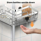 Estante de esquina ajustable de acero inoxidable para baño, 4 niveles, resistente al óxido, con soporte de tensión para ducha, con ganchos y jabonera, ideal para bañera/ducha (63.5-290 cm), organizador de almacenamiento de baño de alta gama sin taladro