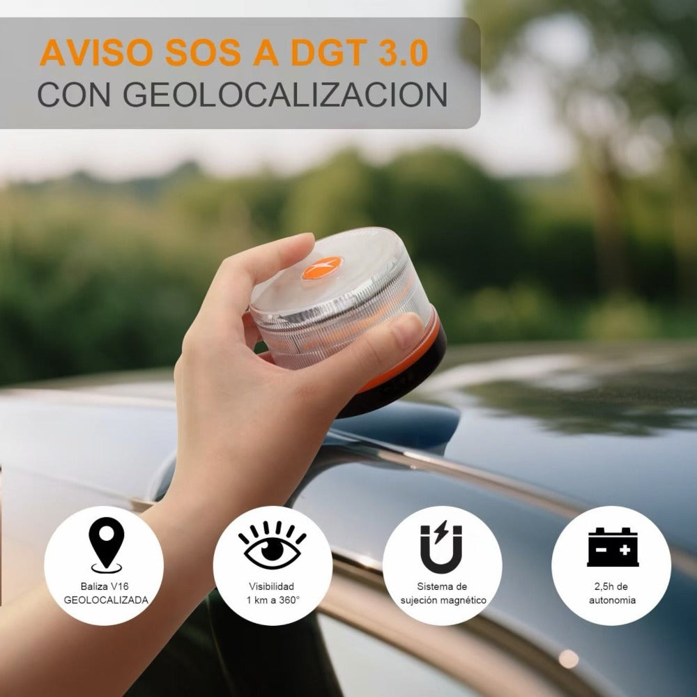 Luz Emergencia Coche Homologado DGT, con SIM y Datos Pagados hasta 2038, Baliza v16 Homologada dgt con Geolocalizador, Obligatoria enero 2026, Luz v16 con Geolocalización 3.0, Aprobada por DGT