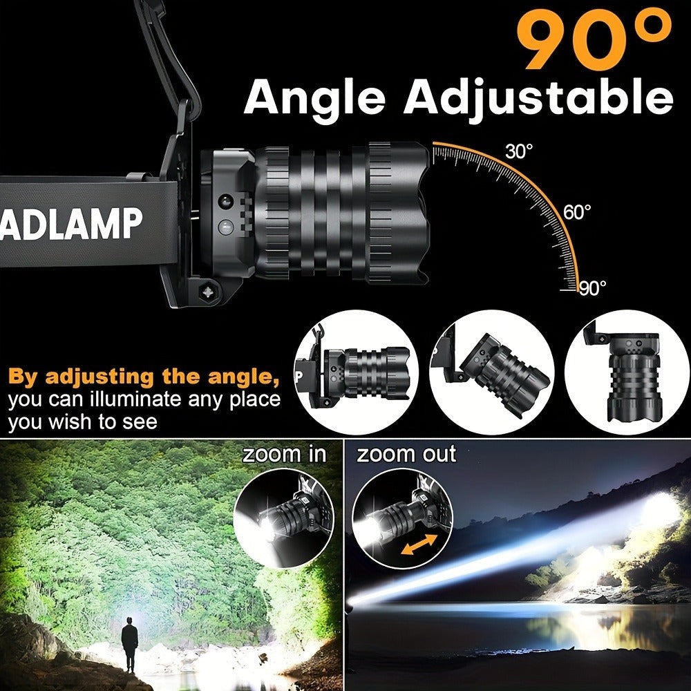 1/2pcs Linterna Frontal LED Recargable, 5 Modos de Iluminación con Luces de Advertencia de Luz Roja, Linterna Frontal Ajustable y Zoomable de 90° para Correr, Linterna Frontal de Caza Súper Brillante para Camping, Senderismo, Pesca, Running, Reparación de