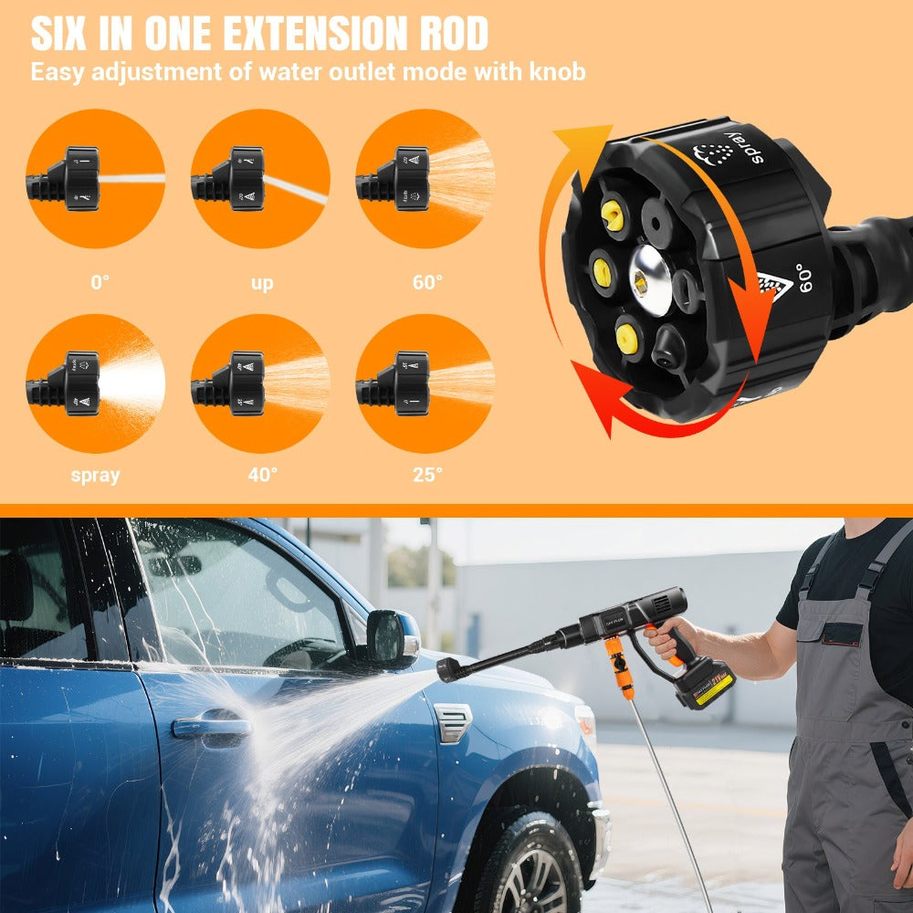 Lavadora a Presión Inalámbrica 21V 450Bar/652 PSI Portátil con 1X o 2X Batería, Boquilla Ajustable 6 en 1, Manguera de 16.4 Pies, Limpiadora de Presión para Coche/Suelo/Jardín y Riego de Patio