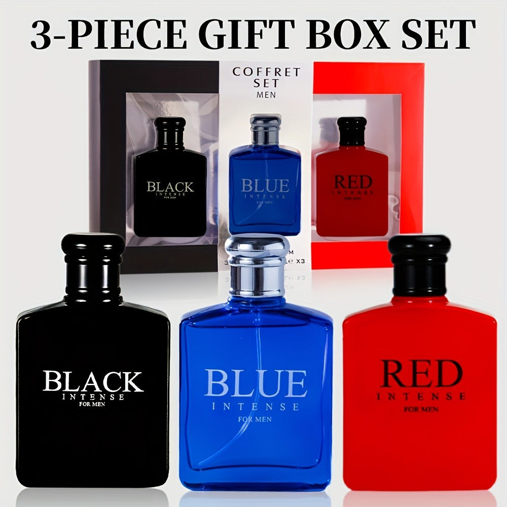 Un juego de tres colonias para hombre (botellas roja/negra/azul, se pueden vender por separado), con capas ricas de fragancia, que muestran el encanto individual y un temperamento maduro y misterioso