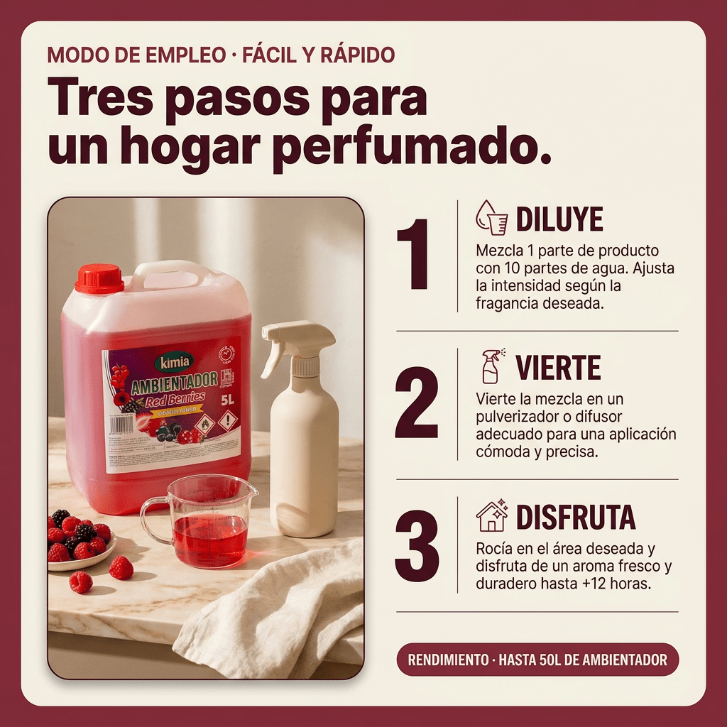 KIMIA - Ambientador de Hogar Red Berries 5L | Perfumador Cocentrado con Fragancia Duradera a Frutos Rojos | Para Cualquier Estancia de Casa, Coche y Oficina | Fórmula Concentrada | Ambiente Fresco y Perfumado