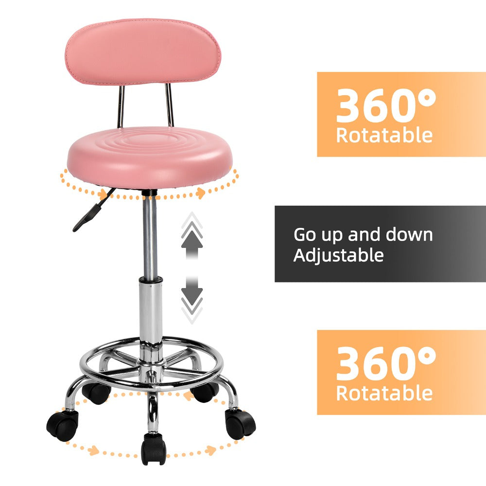 Taburete de salón redondo con ruedas y respaldo, taburete giratorio de salón de altura ajustable con ruedas y asiento suave para spa, salón de dibujo, tatuaje