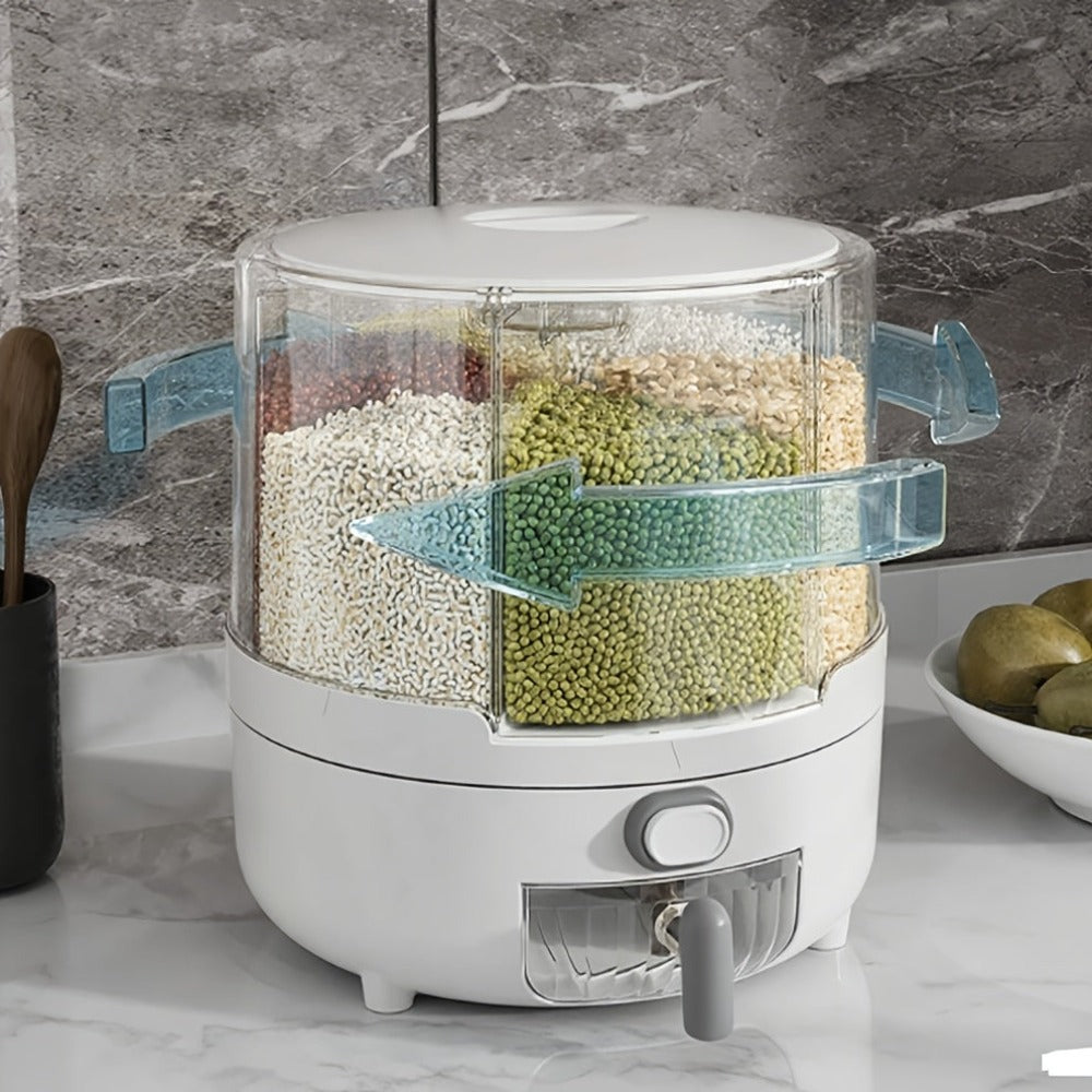 Dispensador de granos giratorio, sellado para cocina, a prueba de insectos y humedad, contenedor de almacenamiento de cereales enteros, cubo de arroz doméstico con seis compartimentos grado alimenticio