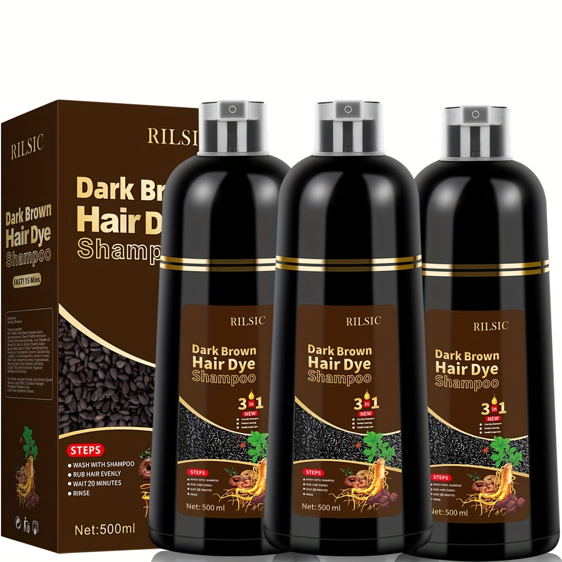 Set de Navidad Imprescindible: 3 Champú Tintorero, 3 en 1, Apto para Hombres y Mujeres, Tinte Instantáneo, 100% Cobertura de Canas, Resultados en Minutos, Para Ambos Sexos, Ingredientes Naturales, Fórmula Sin Amoniaco, Larga Duración 30 Días