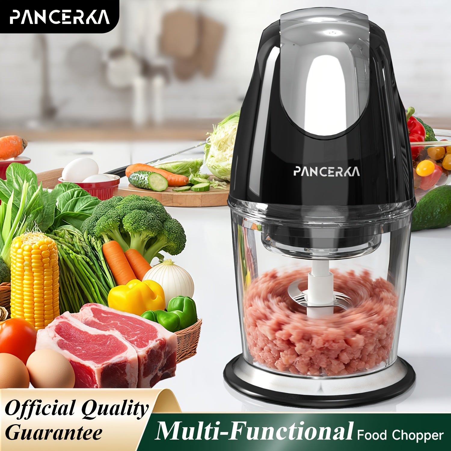 PANCERKA 1500ML Procesador de Alimentos Eléctrico con Picadora de Carne, Picadora, Batidora de Huevos y 6 Cuchillas, para Carne, Batidos, Verduras, Puré, Frutas, Ajo, Grande/Pequeño
