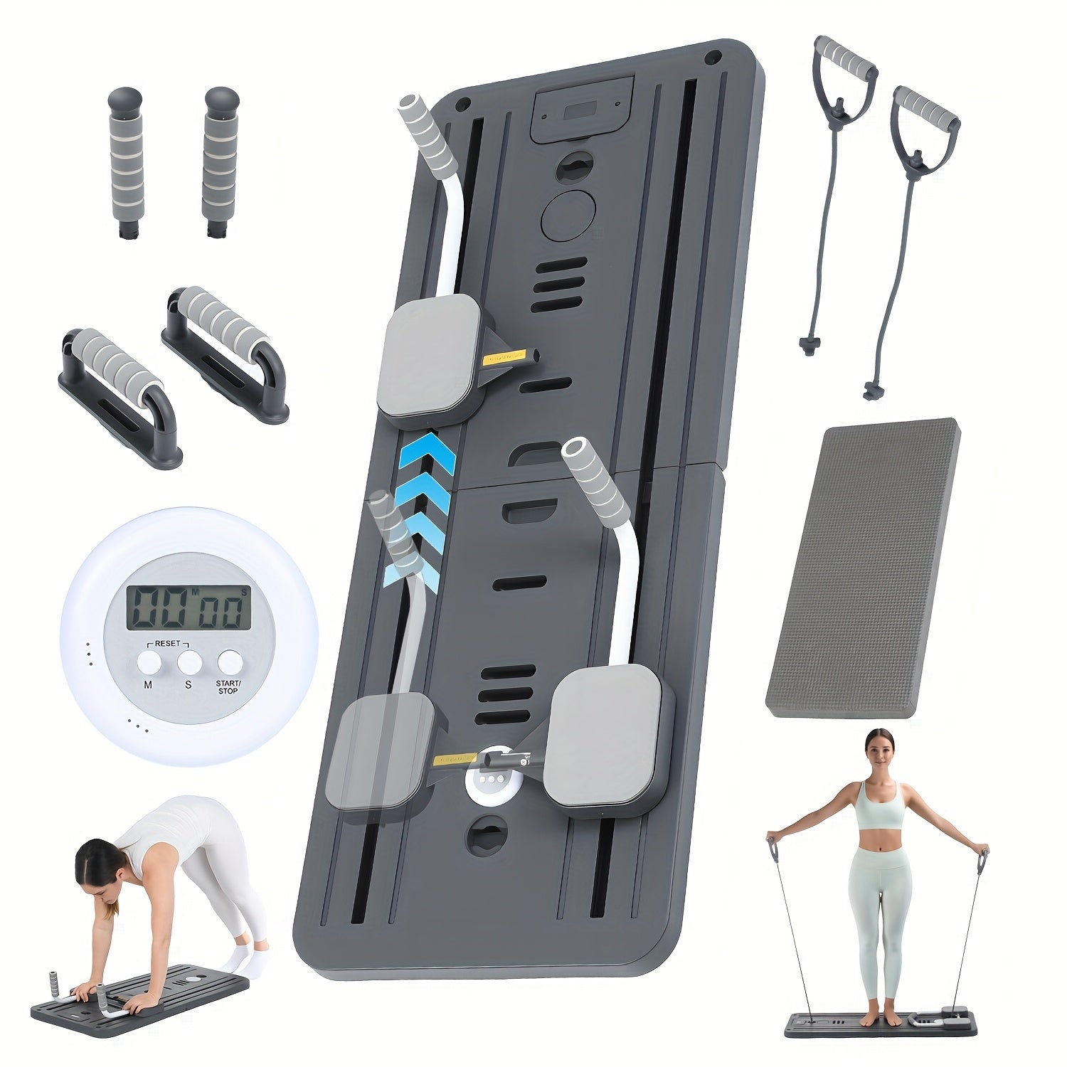 Tabla de Pilates Yoga Plegable | Set de Gimnasio Multifuncional para el Hogar con Temporizador, 2 Manijas de Resistencia, 2 Cuerdas de Tensión, Barra de Flexiones y Plataforma de Equilibrio | Entrenamiento de Core y Fuerza para Mujeres y Principiantes, En