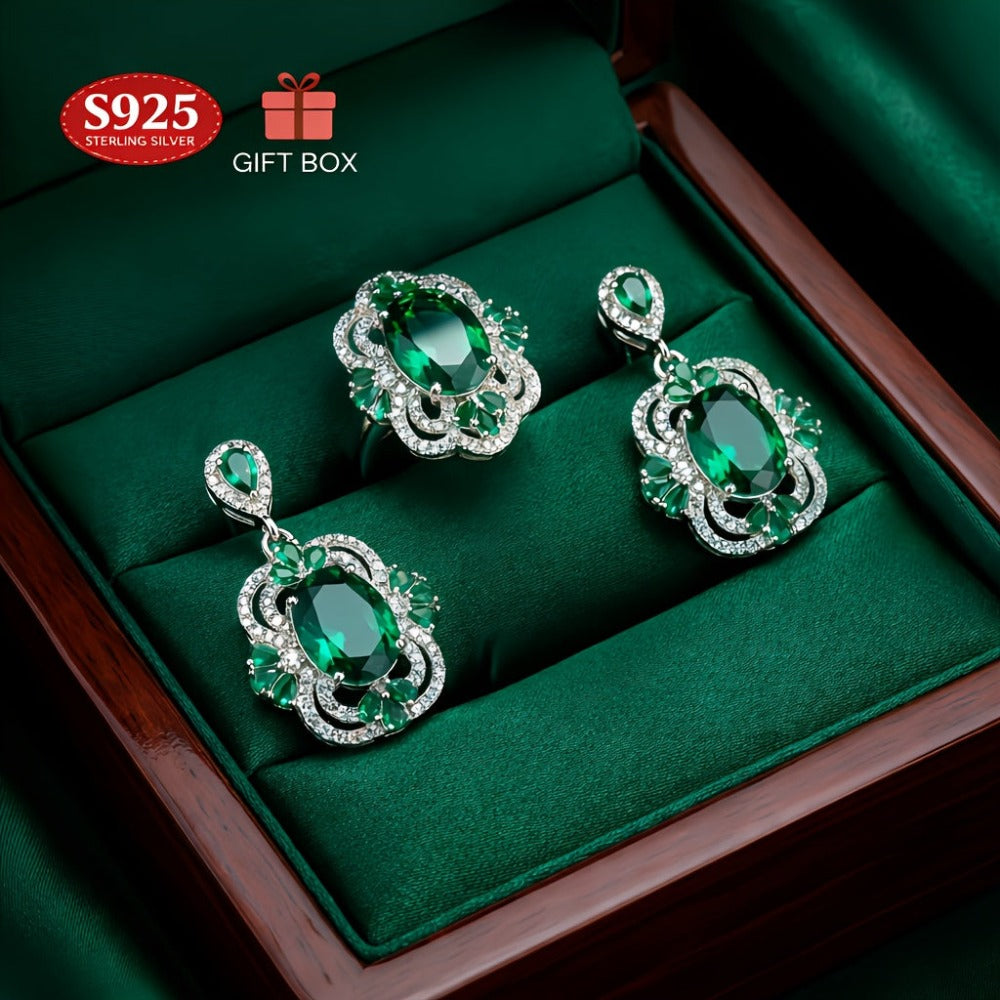 Juego de 2 piezas, conjunto de joyería S925 para mujer, anillo y pendientes de espiga, circonita sintética creada en laboratorio, anillo abierto ajustable, joyería perfecta para mujer, adecuado para banquetes de boda, citas, regalos de aniversario, caja d