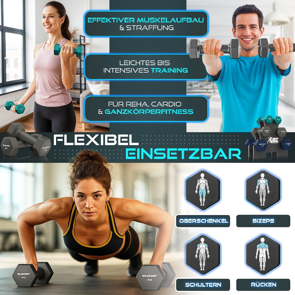 RE:SPORT® Juego de Mancuernas 3 Pares, 1Kg - 5Kg, 12Kg o 18Kg con Soporte y 3 Bandas Elásticas Fitness | Mancuernas Cortas Antideslizantes de Neopreno para Mujeres y Hombres | Juego de Mancuernas