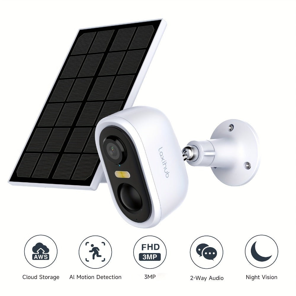 Cámara de seguridad inalámbrica con panel solar para exteriores LaxiHub, visión nocturna FHD de 3MP, foco, batería sin cables de 5200mAh, detección humana PIR, audio bidireccional, almacenamiento en tarjeta SD/nube, cámara de visión nocturna a color, cáma