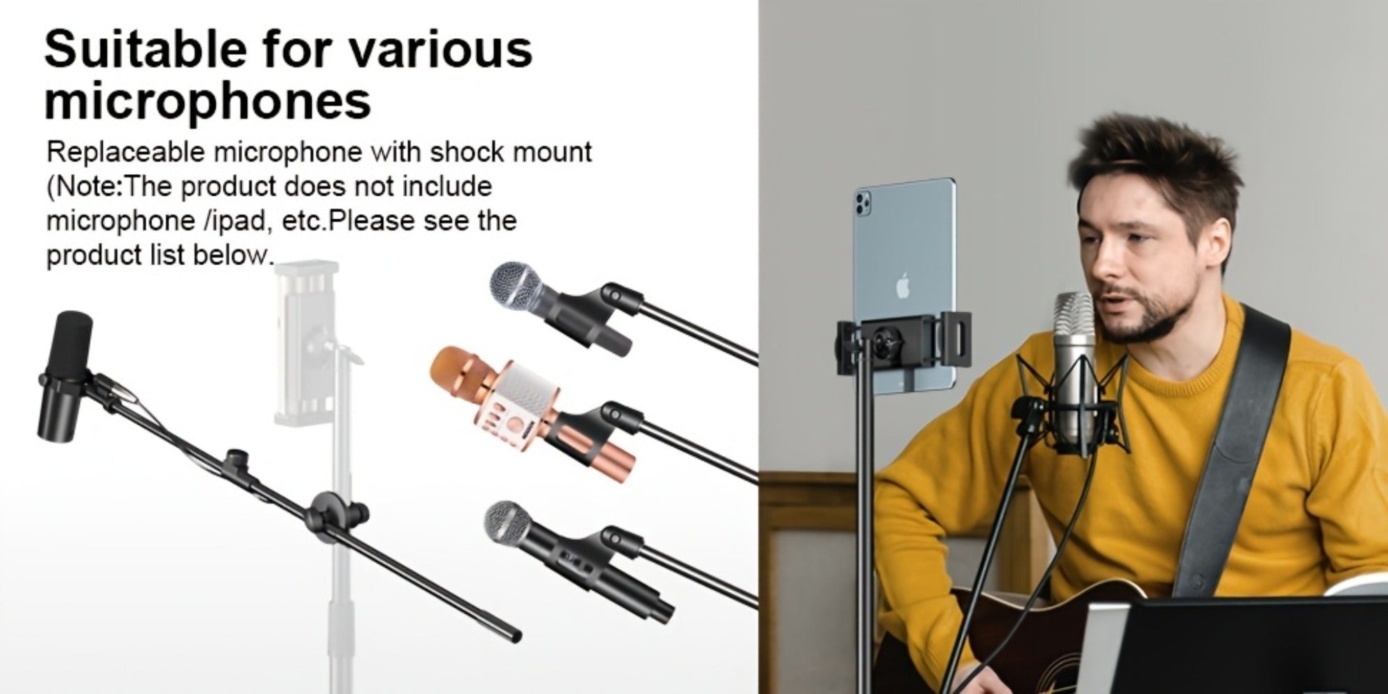 Soporte de Micrófono Profesional Aokeo con Trípode Ajustable, Soporte para Tableta y Bolsa de Transporte - Construcción de Hierro Negro, Conector XLR, Ideal para Actuaciones, Canto y Discursos, Equipo de Audio Profesional | Soporte de Micrófono Ajustable
