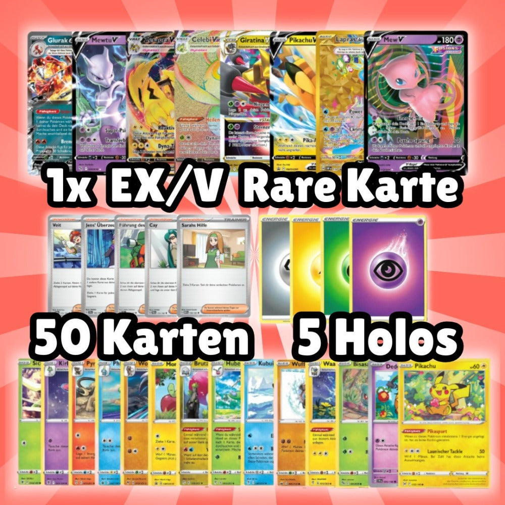 Cartas Pokémon Alemanas con 1 V/EX y 5 Holo/Reverse - Regalo Perfecto para Navidad, Pascua o Cumpleaños