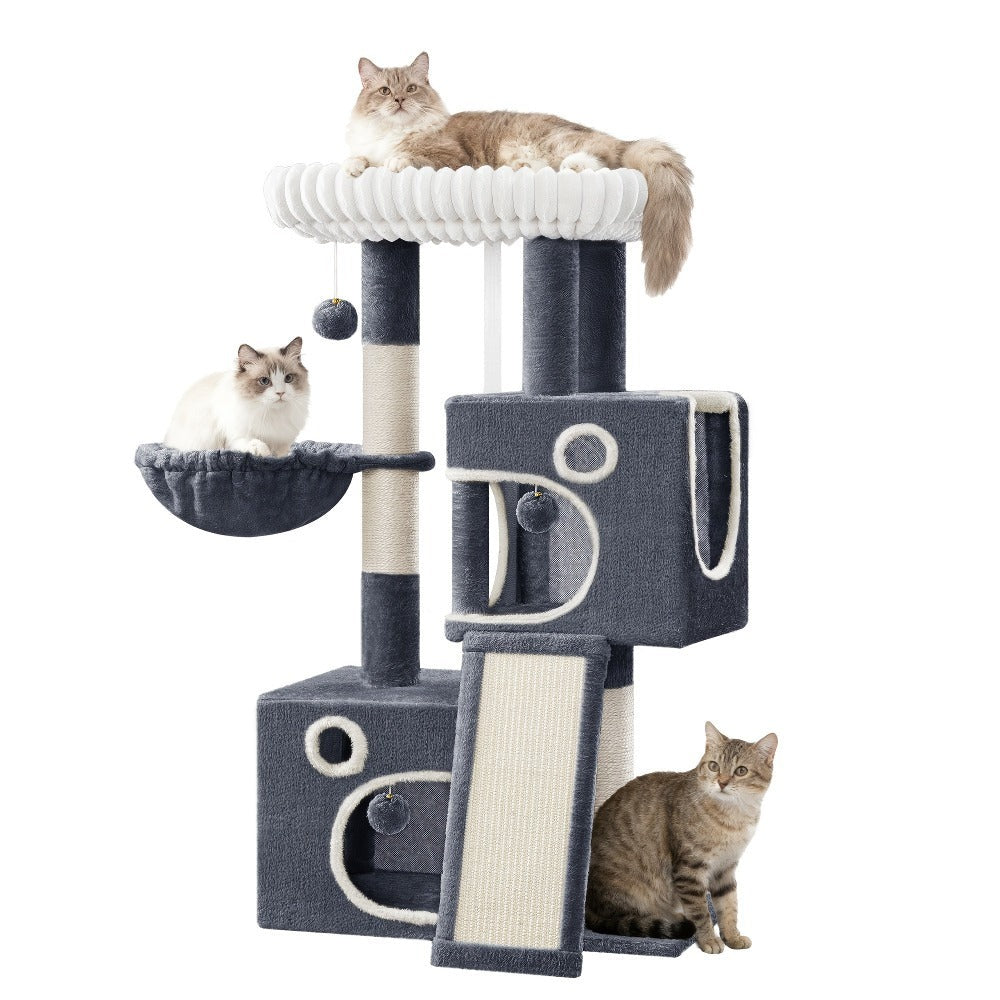 Torre para Gatos Pequeña, 98Cm de Alto, Espaciosa y Robusta, con un Perch Grande Suave, Juguetes de Felpa, Escondites, Postes para Rascar, Alfombrilla para Rascar Gatos, Disponible en Gris Claro/Gris Oscuro/Beige