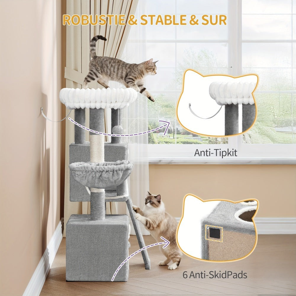 Árbol para Gatos Adecuado para Espacios Pequeños con Plataformas de Peluche, Postes de Sisal para Rascar y Base Antivuelco - Rampa de Escalada Multinivel, Cueva y Pompones - Árbol de Juego Resistente para Gatitos y Gatos (Gris Oscuro)