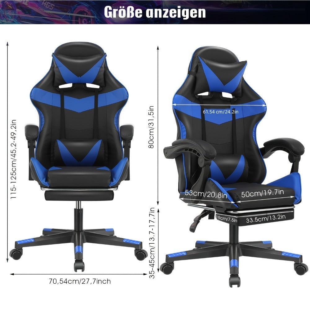 Silla Gaming con Reposapiés, Silla Gaming Ergonómica, Silla de Ordenador con Soporte Lumbar, Reposacabezas, Sillas de PC Ajustables en Altura con Asiento Giratorio de 360° para Oficina o Gaming