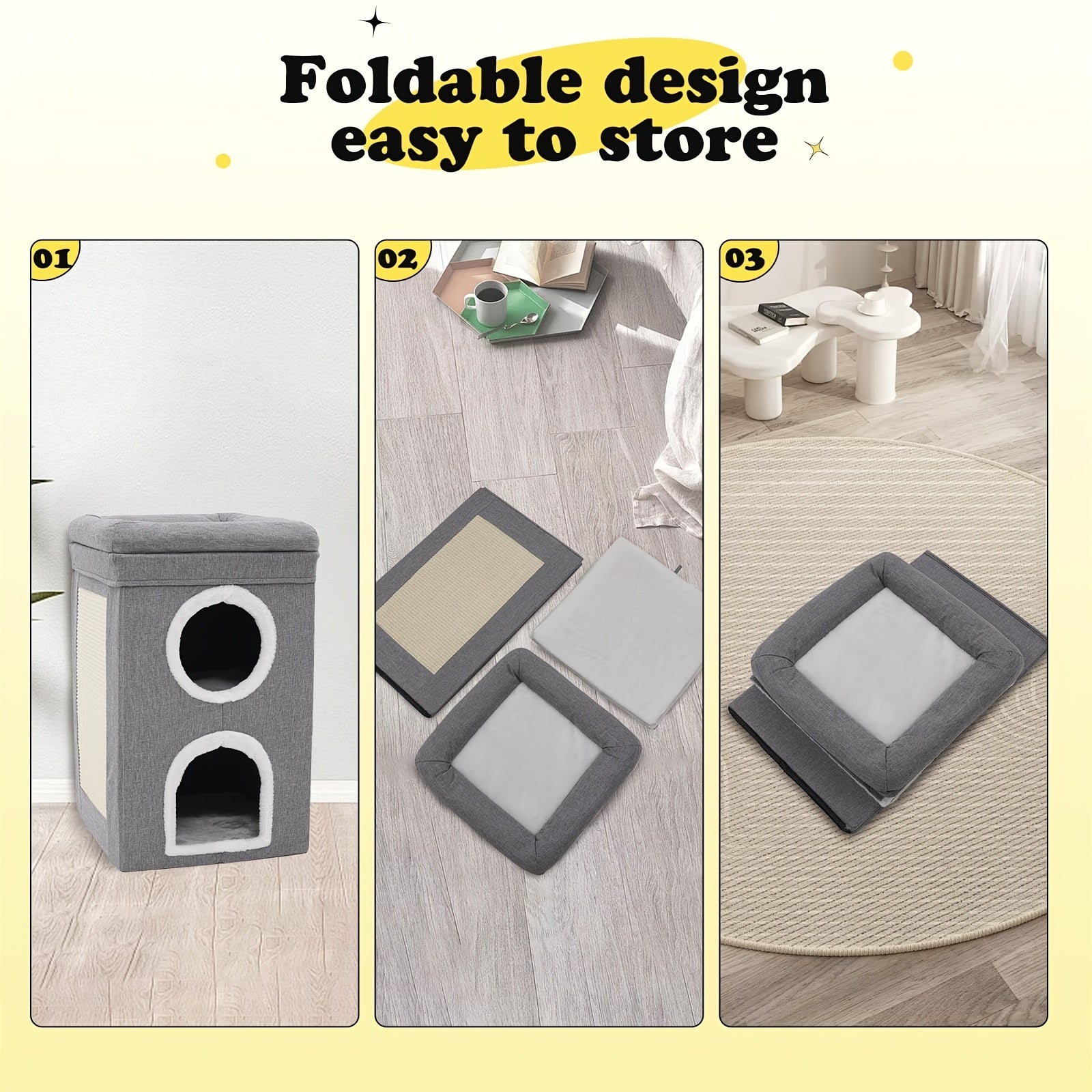 Rascador para gatos | Casa de Árbol para Gatos Moderna y Grande de 2 Pisos con Rascador, Cueva Oculta & Túnel, Mueble Doblable en Formato Caseta