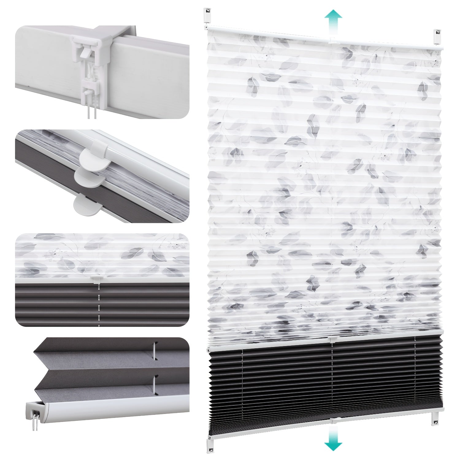 Persianas Plisadas Sekey, Doblemente Plisadas, Luz y Oscuridad, Blackout, Sin Necesidad de Perforación, Tensadas, Protección Solar, Fijación con Clip, Blanco y Gris, Estampado y Gris, Beige