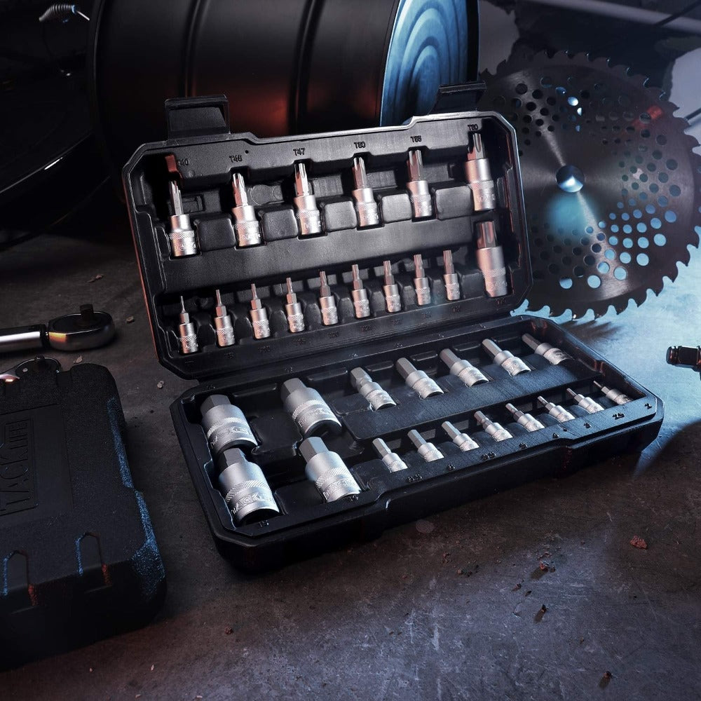 TAckLIFE Juego de 33 Piezas de Brocas Torx y Hexagonal 1/4", 3/8", 1/2" en Acero S2 y Cr-V con Estuche de Almacenamiento Duradero