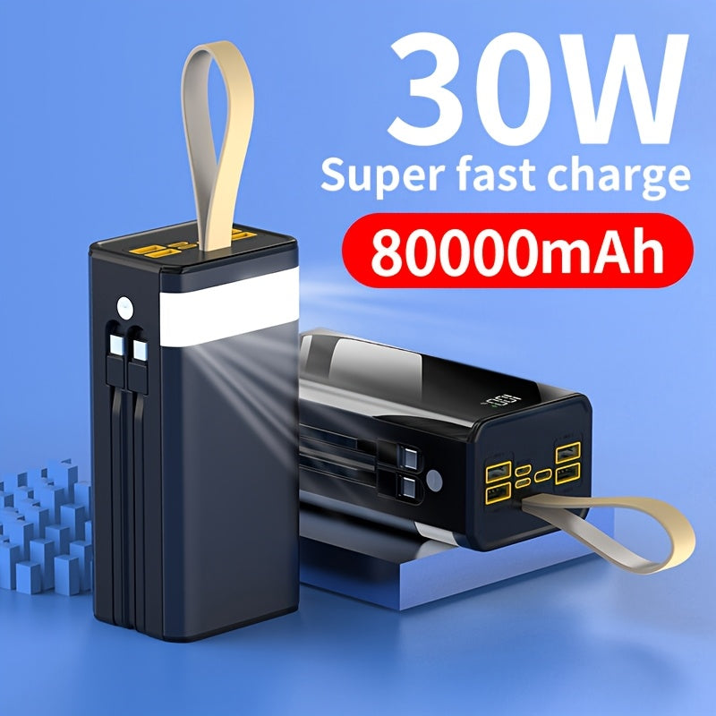 Batería externa | Banco de Energía Portátil de Gran Capacidad 80000mAh, Carga Rápida PD30W, Cable de Datos Integrado/Pantalla LED de Energía
