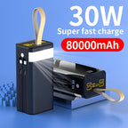 Batería externa | Banco de Energía Portátil de Gran Capacidad 80000mAh, Carga Rápida PD30W, Cable de Datos Integrado/Pantalla LED de Energía